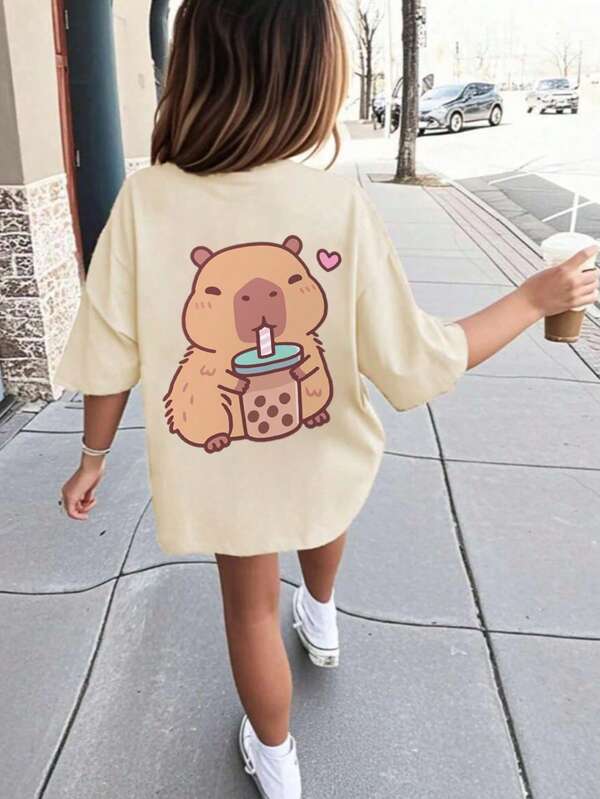 Camiseta de manga corta de cuello redondo con estampado casual para niñas y adolescentes estudiantes, en color albaricoque, para verano