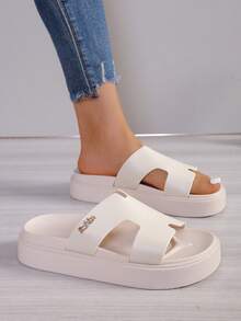 Women House Slippers Basic Solid Color Minimalist Stylish Indoor & Outdoor Soft Sole PVC Shoes - Beige - View 1