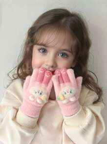 1 Pair Kids Gloves, Warm Thermal Lined Cute Rabbit Design Finger Gloves For Boys And Girls, Suitable For Outdoor Play, Fits Ages 2-5 - Bunny Fruit Gloves - View 2