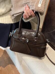 Bolsa de Ombro com Fivela Moderna Feminina, Bolsa de Moda Retrô, Couro PU Brilhante