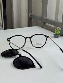 Women's Clip-On 2 In 1 Round Small Size Polarized Lens Eyeglasses Frame PZ948 - Black - View 6