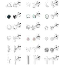 18 对不锈钢耳钉套装女士星月花心叶蛋白石 20G 软骨耳环防过敏平背耳环穿孔珠宝情人节 - 彩色 - 查看 28