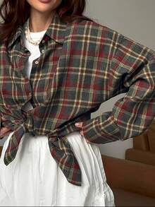 1 szt. poliestrowa kurtka w kratę z kieszenią z przodu, na guziki, do noszenia na co dzień na wiosnę i jesień