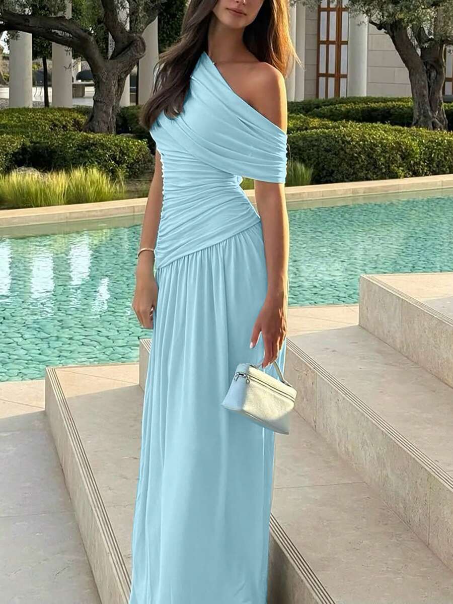 Women's Solid Color Oblique Collar Pleated Long Dress, Fitted And Slimming, Elegant And Sexy Party Dress - Blue - View 1
