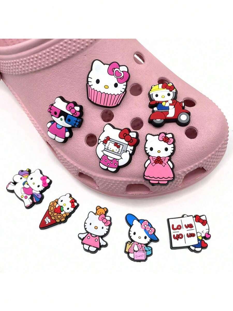 Sanrio 10pcs Sanrio Hello Kitty Shoe Charms, Fashionable PVC Cartoon Shoe Buckles, Cute Hello Kitty Pattern Accessories For Women's Footwear, Plastic, No Power Required, Sanrio Brand
