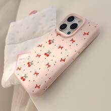 GUCADI 1pc Pink Girl & Red Bowknot Cherry Design Phone Case Compatible With Apple - Pink - View 9