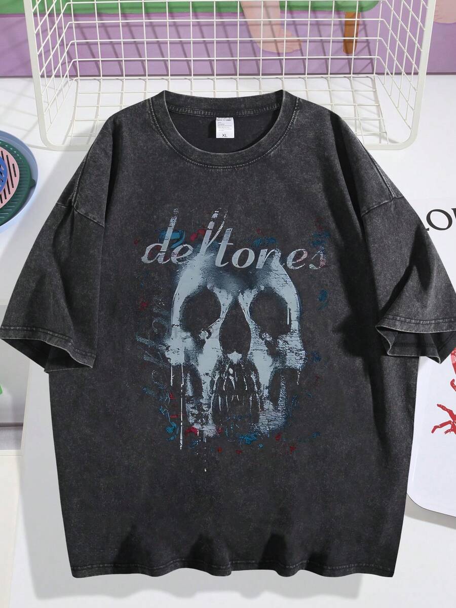 EWH Vintage Washed Rock Tee | Band Skull Print, Alternative Metal Fans Short - Sleeve,Cheap Clothes,Shirts Graphic,T Shirt Men DG004 - 黑色 - 查看 1