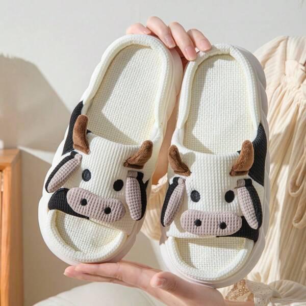 Cute Cartoon Cow Pattern Indoor Slippers, Open Toe Linen Thick Sole Slippers, Silent Indoor & Outdoor Couple Slippers