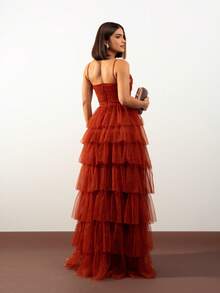 Long Debutante Wedding Party Dress With Shiny Tiered Skirt - 紅陶 - 查看 5