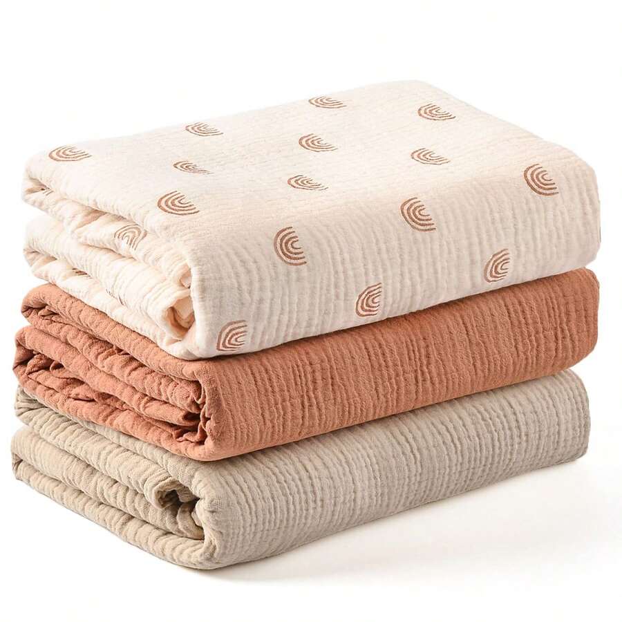 3pcs Crinkle Cloth Baby Swaddle Blankets, Infant Stroller Wind Cover Blanket, Baby Receiving Blanket For Nursery, Delivery Room, Newborn Wrap - 彩色 - 查看 1