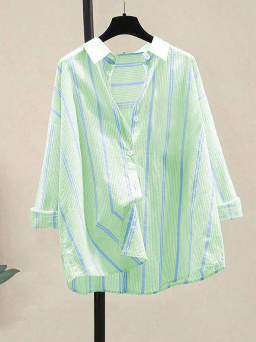 Women's Striped Casual Commuter Elegant Striped Button Down Shirt, Long Sleeve Blouse, Spring And Summer - Green - View 1