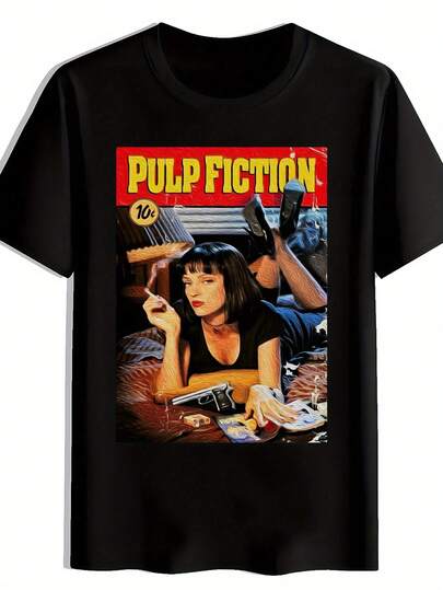 Men'S Pulp Fiction Graphic T-Shirt - Black Casual Crew Neck Tee With Iconic Movie Design, Lightweight Polyester For Summer & Spring, Everyday Tshirt | Bold Print Tee | Polyester Fabric
