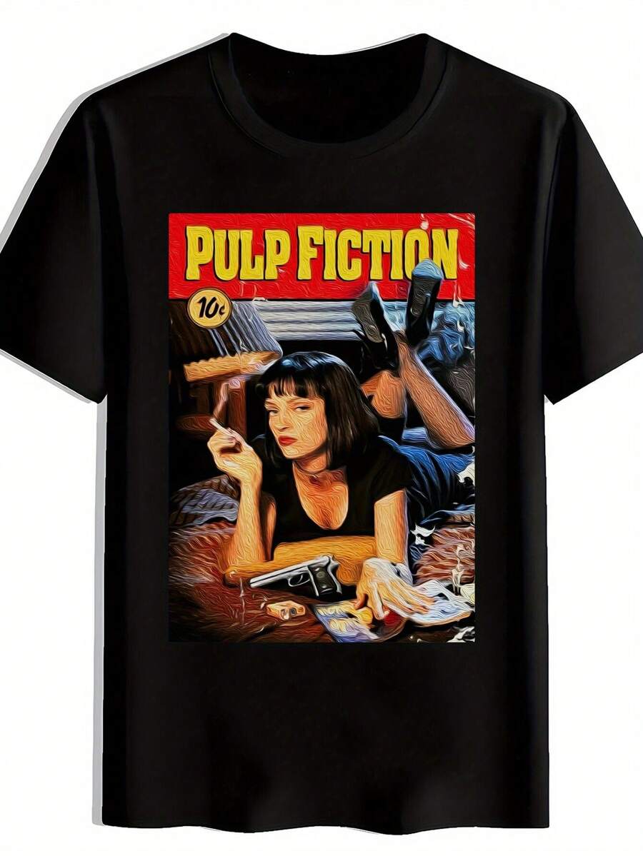 Men'S Pulp Fiction Graphic T-Shirt - Black Casual Crew Neck Tee With Iconic Movie Design, Lightweight Polyester For Summer & Spring, Everyday Tshirt|Bold Print Tee|Polyester Fabric - màu đen - Xem 1