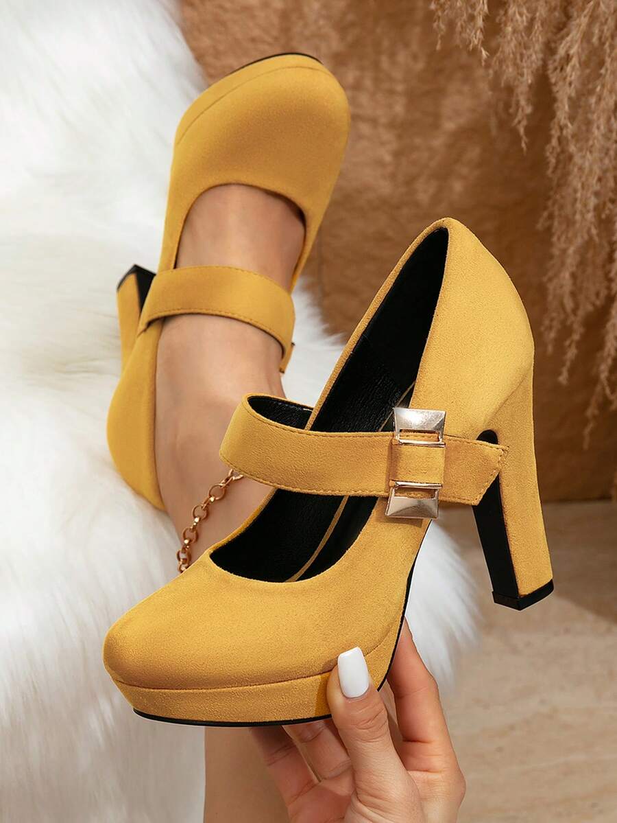 Ladies' Elegant Thick Heel High Heels, Elegant Solid Color Mary Jane Shoulder Strap Casual Shoes, Comfortable Office Shoes - 黃色 - 查看 1