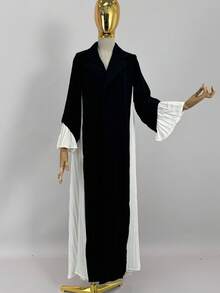 女士穆斯林黑色长袍 - 白色褶皱面板设计长袍，适合朴素时尚穿着，卡夫坦 - 黑色 - 查看 3