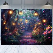 1pc Vintage Enchanted Forest Wall Tapestry - Magical Woodland Scene With Lanterns & Flowers, Soft Peach Light Beige Polyester Fabric, No Electricity/Battery Needed, Versatile Size Options For Bedroom & Indoor Wall Decor, Enchanting Atmosphere | Vibrant Color Quality, Forest Decor