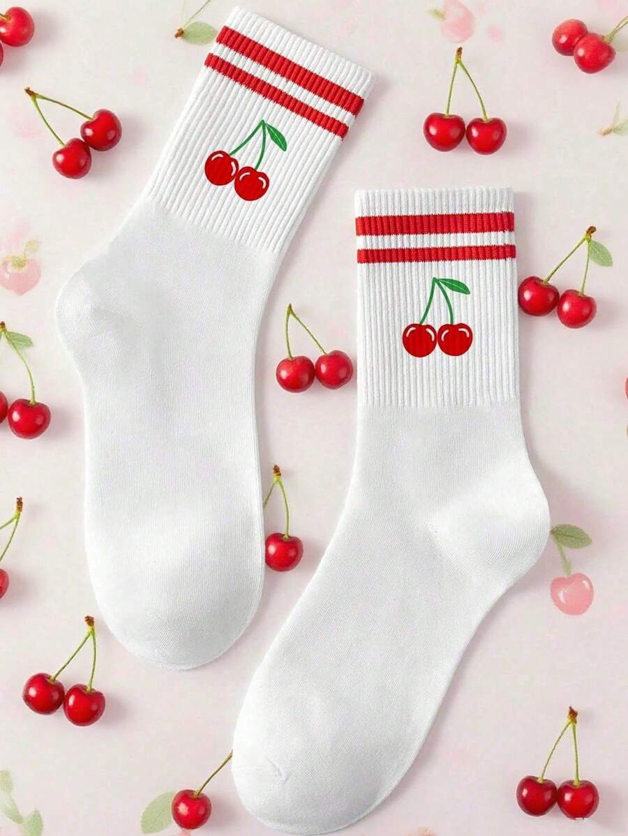 1双女士可爱樱花叶印花/樱花豹纹蝴蝶结图案袜子，白色双条纹宽松袜，男女通用，隐形，吸湿排汗，透气，适合运动、休闲、派对、复活节、假期、夏季穿着 - 彩色 - 查看 1