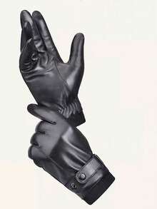 1 Pair Men's Solid Color PU Leather Full Finger Touchscreen Gloves, Fashionable Ribbed Cuff Warm Gloves, Waterproof Windproof Thermal Lined Outdoor Sports Driving Gloves