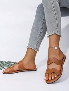 女士平底凉鞋，欧式休闲时尚露趾系带波浪纹沙滩拖鞋