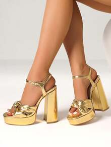 Women's Sexy Block Chunky High Heels Sandals Fashion Bow Knot Open Toe Platform Buckle Solid Party Dress  Summer Sandals Woman - 金色 - 查看 4