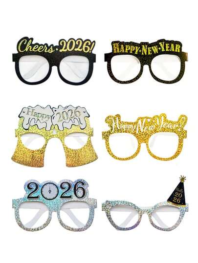 6/12pcs Laser Cardboard Cards 2026 New Year Party Decoration Glasses, Happy New Year, New Year's Eve Family Gathering Atmosphere Photo Decoration Props