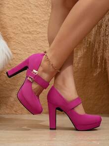 Ladies' Elegant Thick Heel High Heels, Elegant Solid Color Mary Jane Shoulder Strap Casual Shoes, Comfortable Office Shoes - 玫紅色 - 查看 5