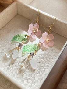 2pcs Romantic Elegant Pink Floral Waterdrop Long Tassel Dangle Earrings, Casual & Leisure Holiday - Pink - View 4