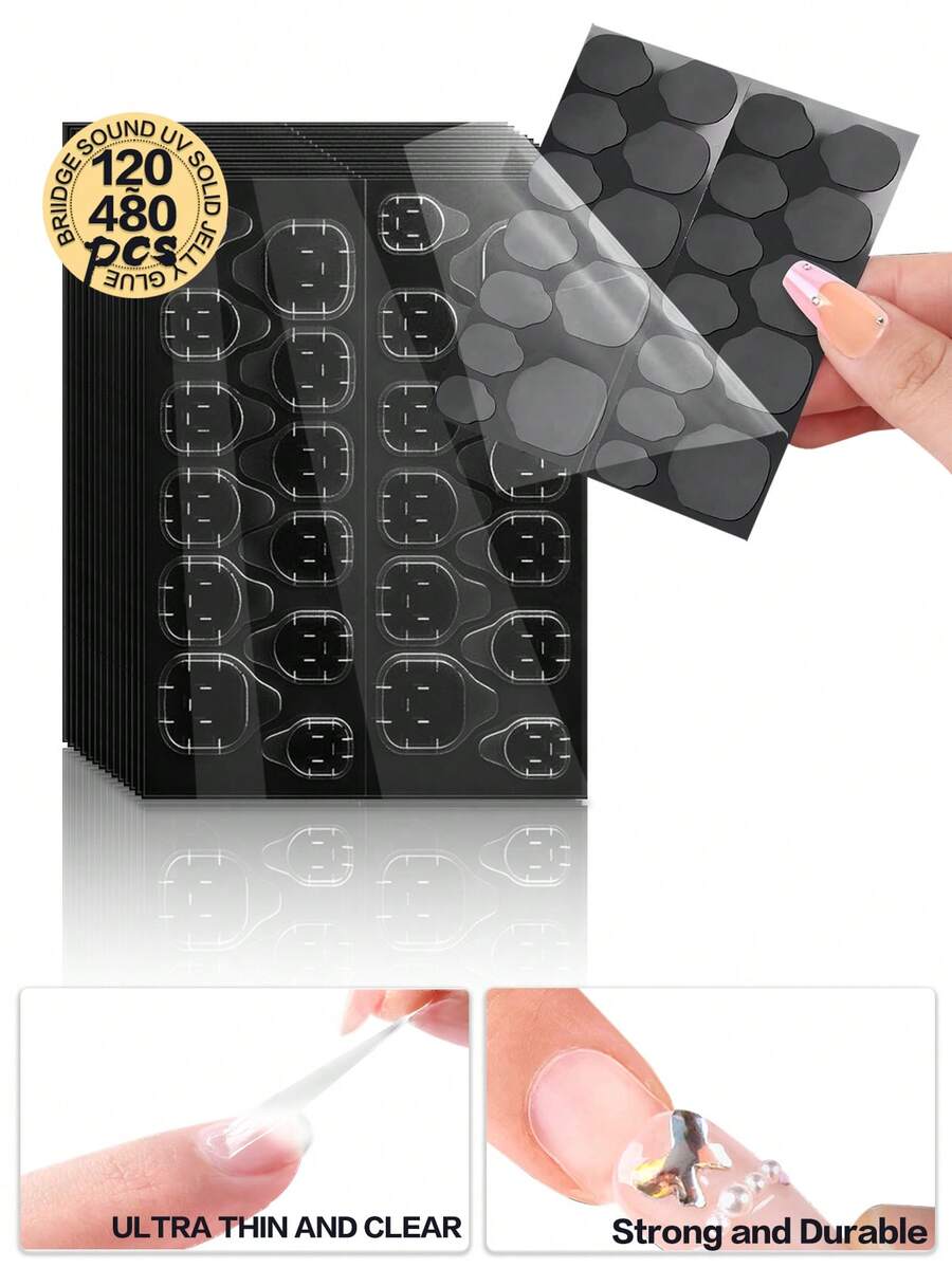 BRIDGESOUND 480 贴纸/20 张，360 贴纸/15 张，240 贴纸/10 张，120 贴纸/5 张，升级版黑色薄膜 16 片固化指甲贴纸，强力双面胶指甲凝胶，UV 凝胶指甲油，DIY 美甲，持久耐用，需要固化。 - 無色 - 查看 1