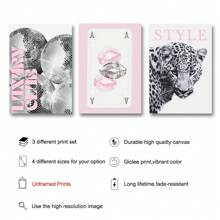 3件套无框豹纹、迪斯科球、嘴唇海报套装，粉色、黑色、白色可选，豹纹酒吧推车墙面艺术帆布画，学院风艺术，时尚杂志氛围，适合公寓、客厅、卧室、现代家居装饰 - 彩色 - 查看 6