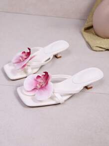 Slightly Oversized New Summer Soft Leather Square Toe Slip-On, Cat Heel Sandals, Versatile Thin Heel Flip Flop Thong Sandals Women