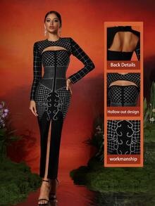 Love Aing Amor Aing 2 piezas vestido de fiesta de gala elegante y sexy con diseño de cuentas hecho a mano, vestido largo de noche maxivestido ajustado con efecto calado