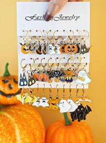 10件/30件万圣节系列新款暗黑风格卡通锌合金珐琅南瓜、蝙蝠、鬼魂、死神、黑猫耳环套装，万圣节首饰礼物 - 彩色 - 查看 16
