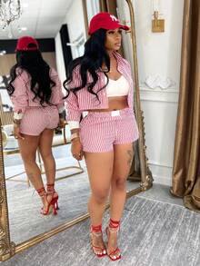 Striped Long Sleeve Shorts Set With Lapel - Hot Pink - View 3