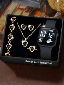 6/1pc Fashionable & Minimalist Cute Digital Display Watch And Jewelry Set (Necklace, Bracelet, Earrings, Ring) - Suitable Gift For Teenage Girls, Great For Parties, Festivals - Multicolor - View 9