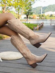 Women's Pointed Toe Thick Heel Floral Embroidery Mid-Calf Boots, Slip-On Western Cowboy Style, Fashionable Outdoor Boots, Autumn/Winter,Cowboy Boots - Khaki - View 3