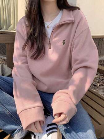 Vintage American Style Horse Embroidery Zip Collar Polo Shirt, Versatile Casual Top For Early Autumn