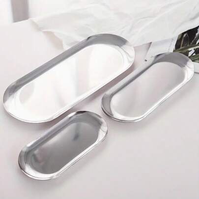 1 件不锈钢盘子，银色椭圆形面包托盘，多功能储物托盘，适用于家庭、厨房、圣诞节返校礼物、学校用品