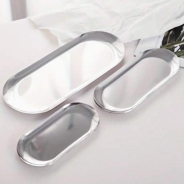 1 pièce Plateau en acier inoxydable, plateau à pain ovale argent, plateau de rangement multifonction pour la maison, la cuisine, cadeau de Noël, fournitures scolaires