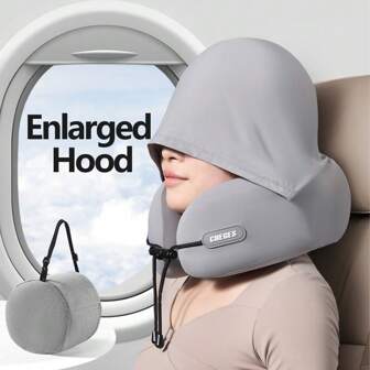 1 件带帽 U 型颈枕，记忆海绵旅行枕，便携式飞机颈部支撑，可折叠