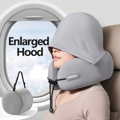 1 pezzo Cuscino da viaggio a forma di U con cappuccio, cuscino da viaggio in memory foam, supporto per il collo portatile per aereo, pieghevole e compatto