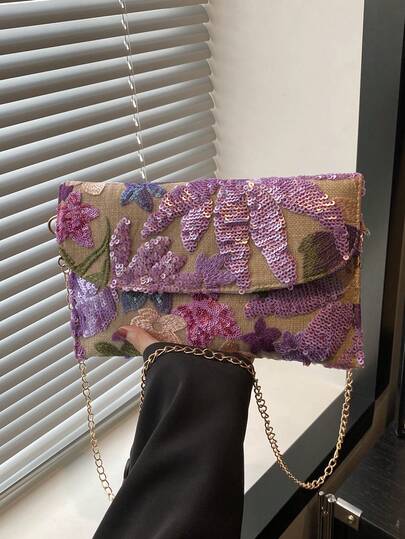 Sequin Embroidered Floral Envelope Bag, Ladies Fashion Sequin Patchwork Clutch Bag, Party Dinner Bag, Random Cut, Suitable For Women, Suitable For Parties, Weddings, Proms, Perfect For Parties, Weddings, PROM Dinners/Banquets, With Holiday Party Dresses, Evening Gowns And Sequin Dresses. , Purple