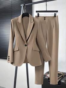 Women's Casual Business Commute Mandarin Collar Single-Breasted Slim Fit Long Sleeve Blazer And Straight Pants Set, Autumn/Winter