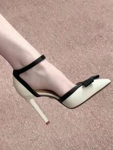 秋冬法式优雅尖头蝴蝶结高跟鞋女鞋，2025夏季新款搭扣凉鞋，优雅派对风。 - 白色 - 查看 4