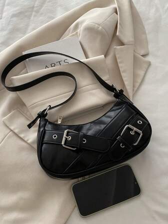 1 pieza Bolso de hombro de estilo gótico Y2K de piel de poliuretano negra con decoración de remaches, estilo vintage, perfecto para el uso diario, bolso de media luna elegante para mujeres