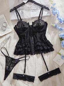 Women's Sexy Bra, Vintage Palace Romantic Elegant Floral Lace Ruffle Front Open Sheer Tummy Control