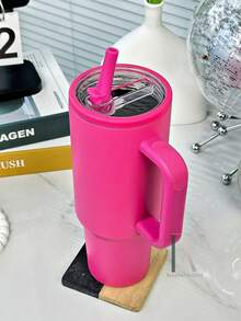 20/30/40盎司不锈钢保温杯，带手柄和可折叠吸管，双层真空密封，适用于冷热饮，简约旅行杯 - 洋紅 - 查看 2