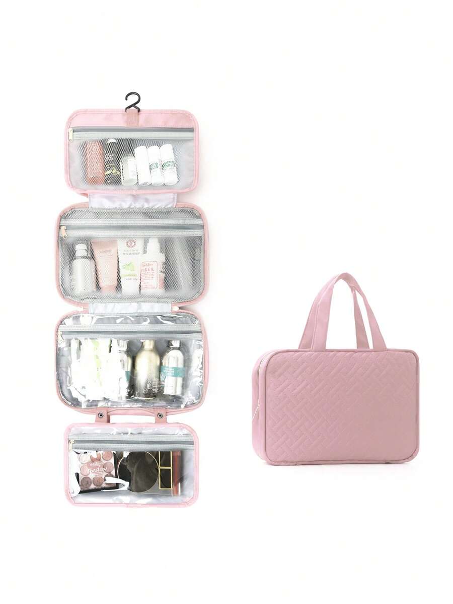 大号悬挂式洗漱包，防水可折叠手提包，旅行化妆剃须刀收纳包，女士化妆包，学习用品，大学宿舍用品，学生旅行必备，学校假期返校洗漱包，防水洗漱包 - 粉色 - 查看 1