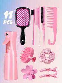 4件套粉色系美发造型梳套装，包含宽齿梳、卷发梳、眉刷和喷雾瓶，适合女孩和女士使用，是日常护发和造型的必备工具，也是理发店美容旅行的理想之选。 - 彩色 - 查看 13