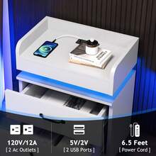LED Nightstand With Drawers, LED Night Stand With Charging Station, Bedside Table For Bedroom, Modern Night Stand With 2 Wood Drawers End Side Table For Bedroom, Black/ White/ Grey - trắng - Xem 5
