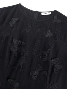 Plus Size Women Black 3D Butterfly See Through Peplum Dress Long Sleeve Elegant Pleated Evening Party Dress - Black - View 5